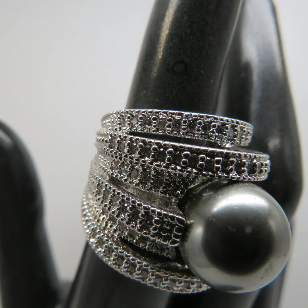 Wide Multi Row Pave Rhinestone Faux Grey Pearl Statement Ring Size 5 Silver Tone